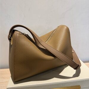 Elegant Coffee Taupe on Gold Leather Shoulder Bag